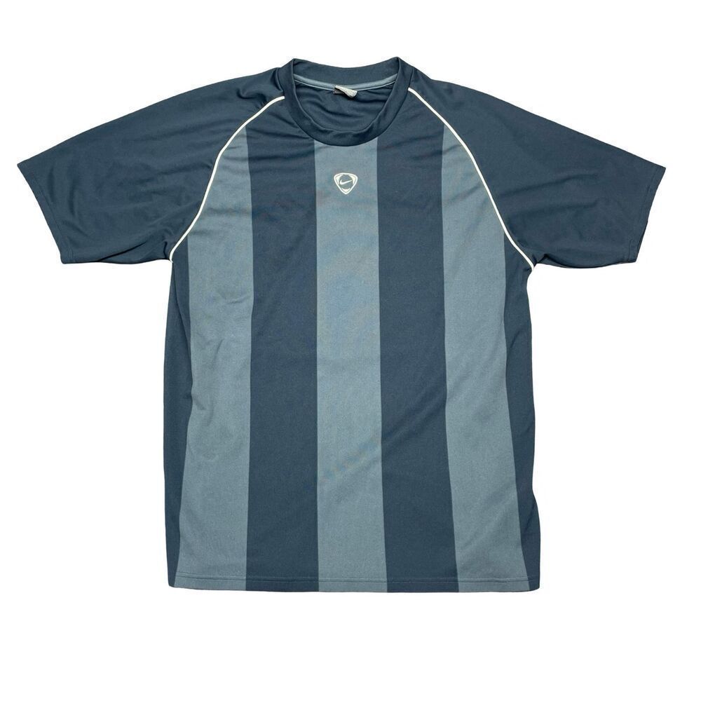 Vintage Nike Soccer Shirt Jersey Dri-Fit Blue Striped Center Swoosh Men’s Large